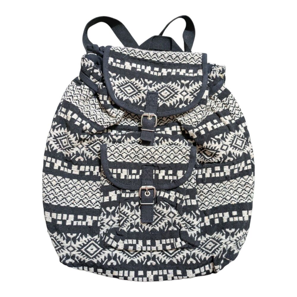 Boho Tribal Print Canvas Backpack Black & Cream Adjustable Straps Casual Daypack